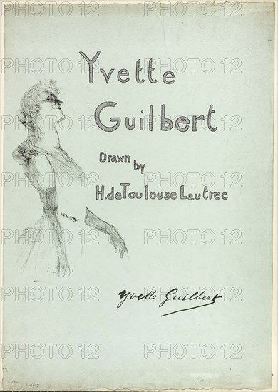 Yvette Guilbert on Stage, from Yvette Guilbert, 1898, Henri de Toulouse-Lautrec, French, 1864-1901, France, Lithograph on light blue wove paper, 306 × 166 mm (image, without te×t), 374 × 305 mm (image, with te×t), 546 × 380 mm (sheet)