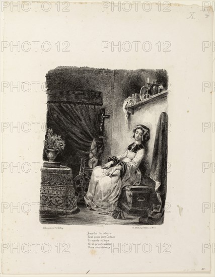 Marguerite at the Spinning Wheel, 1828, Eugène Delacroix, French, 1798-1863, France, Lithograph in black on ivory wove paper, 225 × 180 mm (image), 380 × 295 mm (sheet)