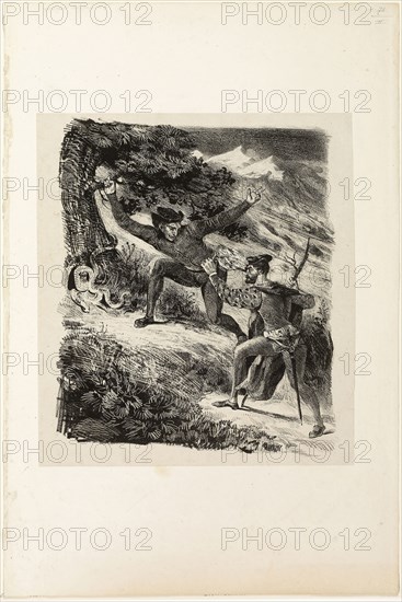 Faust and Mephistopheles in the Harz Mountains, 1828, Eugène Delacroix, French, 1798-1863, France, Lithograph in black on light gray China paper laid down on ivory wove paper, 250 × 210 mm (image), 435 × 290 mm (sheet)