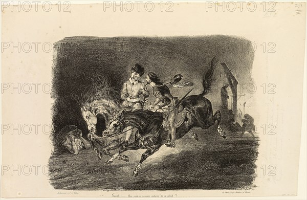 Faust and Mephistopheles Galloping Through the Night of the Witches’ Sabbath, 1828, Eugène Delacroix, French, 1798-1863, France, Lithograph in black on ivory wove paper, 210 × 285 mm (image), 260 × 400 mm (sheet)