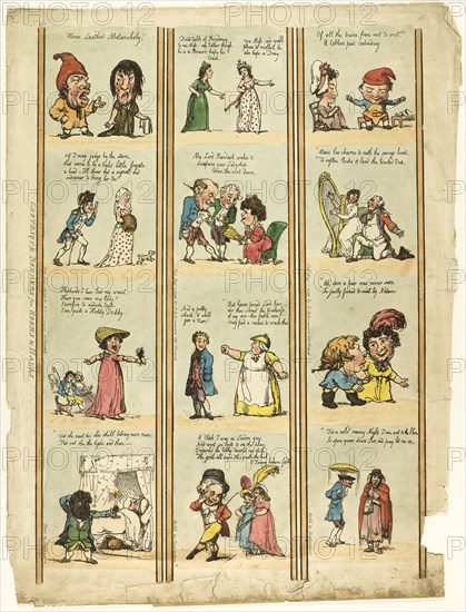 Grotesque Borders for Halls & Rooms, published August 1799, Thomas Rowlandson (English, 1756-1827), after George Moutard Woodward (English, c. 1760-1809), published by Rudolph Ackermann (English, 1734-1834), England, Hand-colored etching and stipple engraving on ivory wove paper, 460 × 322 mm (image), 490 × 350 mm (plate), 490 × 380 mm (sheet)
