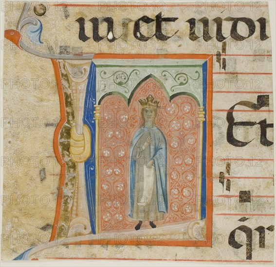 Female Saint in a Historiated Initial L from a Choir Book, 1330/40, Italian (Florence), circle of the Master of the Dominican Effigies (Italian, active 1328-1350), Italy, Manuscript cutting in tempera and gold leaf, with gothica textura inscriptions in Latin in black ink, ruled in red, on parchment, 156 × 162 mm