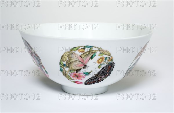 Bowl with Medallions of Butterflies, Peonies, Chrysanthemums, Peaches, Plums and Orchids, Qing dynasty (1644–1911), spurious reign mark of Yongzheng (1723–35), overglaze painting perhaps added later, China, Porcelain painted in overglaze famille rose enamels, H. 6.7 cm (2 5/8 in.), diam. 14.4 cm (5 11/16 in.)