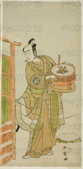 The Actor Arashi Sangoro II as Ito Kuro Disguised as Banta in the Play Izu-goyomi Shibai no Ganjitsu, Performed at the Morita Theater in the Eleventh Month, 1772, c. 1772, Katsukawa Shunsho ?? ??, Japanese, 1726-1792, Japan, Color woodblock print, hosoban, right sheet of diptych, 30.1 x 14.3 cm (11 7/8 x 5 5/8 in.)