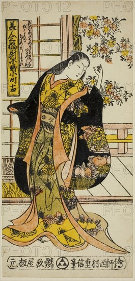 Ono no Komachi, from A Set of Three Beauties (Bijin sanpukutsui), c. 1720s, Nishimura Shigenobu, Japanese, active c. 1723-47, Japan, Hand-colored woodblock print, right sheet of hosoban triptych, urushi-e, 12 1/4 x 5 13/16 in.