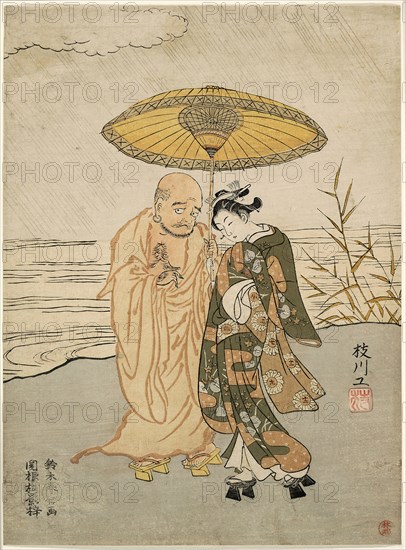 Daruma and a young woman in the rain, 1765, Suzuki Harunobu ?? ??, Japanese, 1725 (?)-1770, Japan, Color woodblock print, chuban, surimono, 26.1 x 19.2 cm (10 1/4 x 7 1/2 in.)