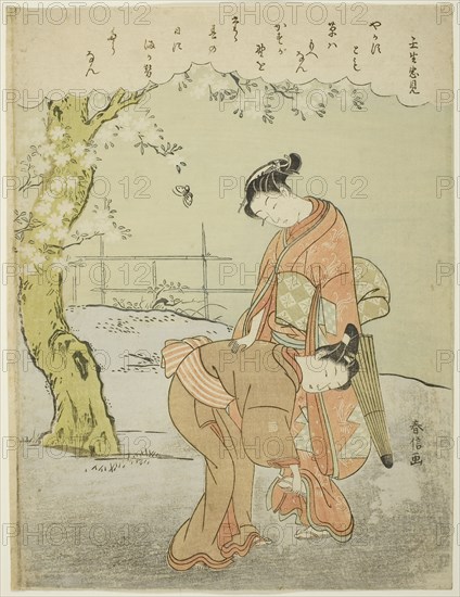 Poem by Mibuno no Tadami, from an untitled series of Thirty-Six Immortal Poets, c. 1767/68, Suzuki Harunobu ?? ??, Japanese, 1725 (?)-1770, Japan, Color woodblock print, chuban, 28.4 x 21.5 cm (11 1/4 x 8 1/2 in.)