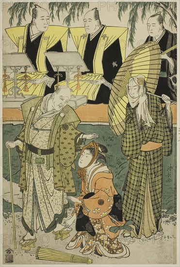 The Actors Bando Matakuro IV as Chubei, Osagawa Tsuneyo II as Umegawa, and Nakamura Katsugoro as Magoemon, in the play Keisei Koibikyaku, performed at the Morita Theater in the fifth month, 1783, 1783, Torii Kiyonaga, Japanese, 1752-1815, Japan, Color woodblock print, oban, 38.2 x 25.4 cm