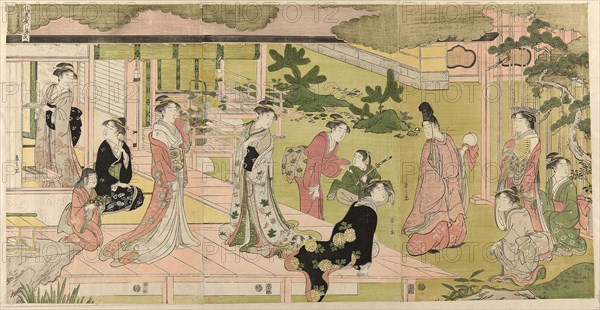 Wakana, Part 1 (Wakana, jo), from the series A Fashionable Parody of the Tale of Genji (Furyu yatsushi Genji), c. 1789/94, Chobunsai Eishi, Japanese, 1756-1829, Japan, Color woodblock prints, oban triptych, 37.9 × 74.4 cm (overall)