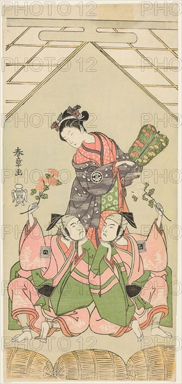 The Actors Segawa Kikunojo II as the Wet Nurse Reizei, Ichikawa Komazo I as Suruga no Hachiro in the Guise of the Shamisen Player Kichiroku (right), and Ichikawa Yaozo II as Tada no Kurando in the Guise of the Palanquin Bearer Kichinai (left), in the Scene Kiku-zumo (Chrysanthemum Sumo) from the Play Ima o Sakari Suehiro Genji (The Genji Clan Now at Its Zenith), Performed at the Nakamura Theater in the Eleventh Month, 1768, c. 1768, Katsukawa Shunsho ?? ??, Japanese, 1726-1792, Japan, Color woodblock print, hosoban, 32.6 × 15.2 cm (12 13/16 × 6 in.)