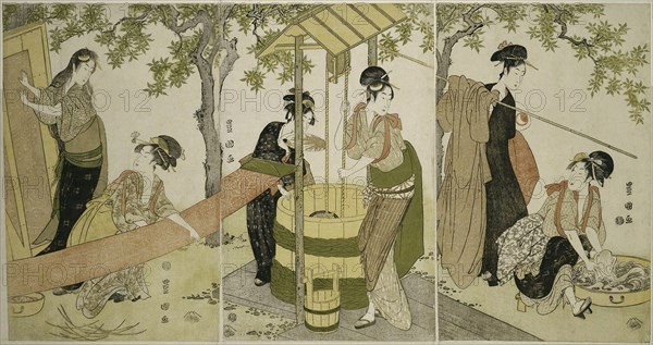 Doing the Laundry by the Well Curb (Idobata no sentaku to araihari), c. 1795, Utagawa Toyokuni I ?? ?? ??, Japanese, 1769–1825, Japan, Color woodblock prints, oban triptych, 37.8 x 24.3 cm (right sheet), 37.9 x 24.2 cm (center sheet), 38.0 x 24.3 cm (left sheet)