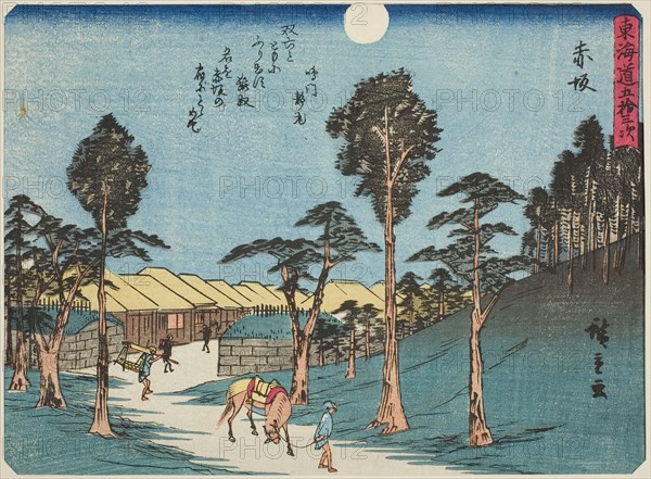 Akasaka, from the series Fifty-three Stations of the Tokaido (Tokaido gojusan tsugi), also known as the Tokaido with Poem (Kyoka iri Tokaido), c. 1837/42, Utagawa Hiroshige ?? ??, Japanese, 1797-1858, Japan, Color woodblock print, chuban, 16.8 × 22.9 cm (6 5/8 × 9 in.)