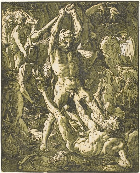 Hercules Killing Cacus, 1588, Hendrick Goltzius, Dutch, 1558-1617, Netherlands, Chiaroscuro woodcut from three blocks in black, yellow and olive-green, on ivory laid paper, 410 × 332 mm (image/plate/sheet trimmed to platemark)