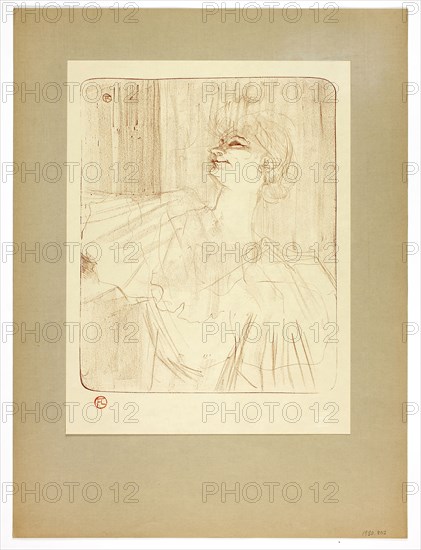 À Menilmontant by Bruant, plate four from Yvette Guilbert, 1898, printed 1930, Henri de Toulouse-Lautrec (French, 1864-1901), printed by Westminster Press (English, 20th century), published by the Ernest Brown & Phillips (English, 20th century), France, Lithograph (crayon with scraper) in sanguine (red-brown) on cream wove paper hinged at top corners to gray-brown wove paper, 296 × 241 mm (image), 350 × 267 mm (primary support), 497 × 371 mm (secondary support)