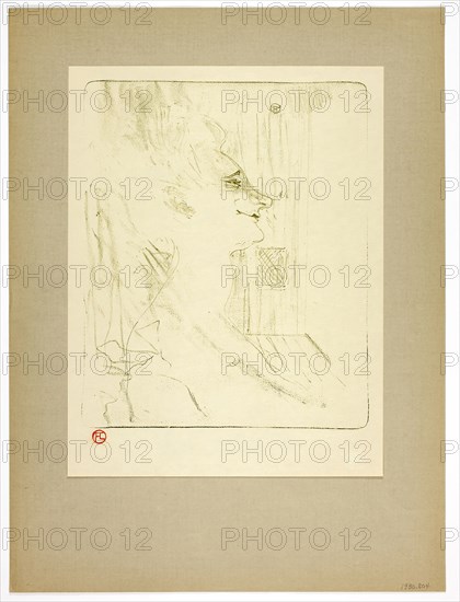 Soûlarde, plate six from Yvette Guilbert, 1898, printed 1930, Henri de Toulouse-Lautrec (French, 1864-1901), printed by Westminster Press (English, 20th century), published by the Ernest Brown & Phillips (English, 20th century), France, Lithograph (crayon) in olive-green on cream wove paper hinged at top corners to gray-brown wove paper, 296 × 244 mm (image), 349 × 268 mm (primary support), 497 × 371 mm (secondary support)