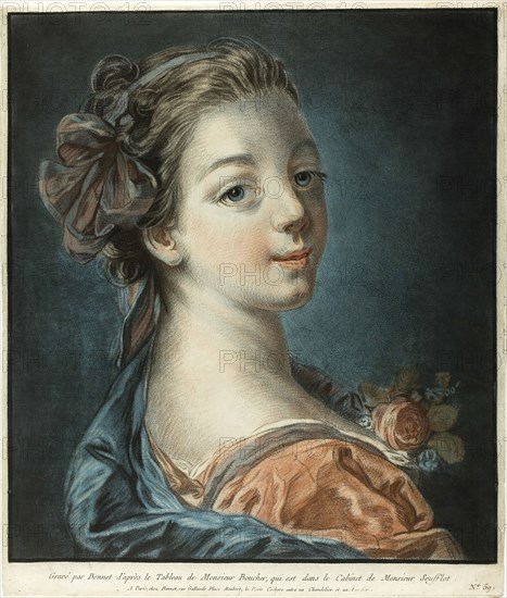 Bust of a Woman, c. 1771, Louis-Marin Bonnet (French, 1736-1793), after François Boucher (French, 1703-1770), France, Crayon-manner engraving, with etching, in blue, red, and black, from three plates, on paper, 414 × 350 mm (image), 423 × 360 mm (sheet, cut within plate mark)