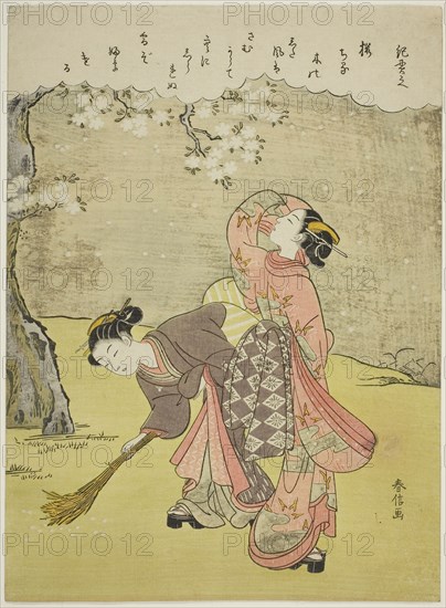 Poem by Ki no Tsurayuki, from an untitled series of Thirty-Six Immortal Poets, c. 1767/68, Suzuki Harunobu ?? ??, Japanese, 1725 (?)-1770, Japan, Color woodblock print, chuban, 28.8 x 21.1 cm (11 1/4 x 8 1/4 in.)