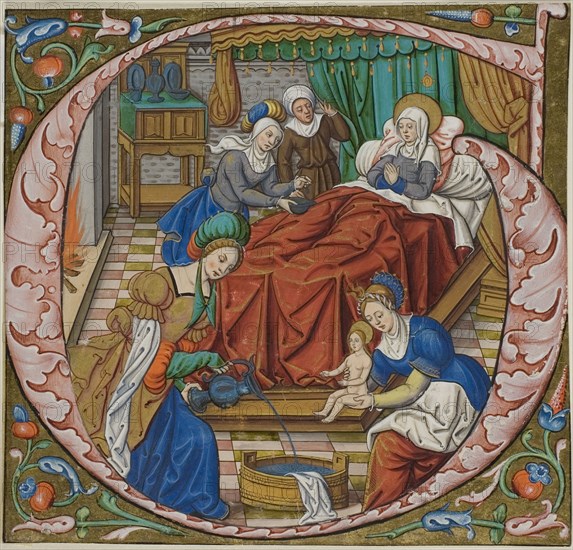 The Birth of the Virgin in a Historiated Initial G from an Antiphonal, c. 1500, French (Paris), circle of the Master of Jacques de Besançon or the Master of Morgan 85, France, Manuscript cutting in tempera and gold leaf, with gothica textualis inscriptions in black, ruled in red, on parchment, 160 × 168 mm