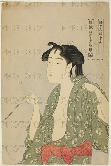 Woman Exhaling Smoke from a Pipe, from the series Ten Classes of Women’s Physiognomy (Fujo ninso juppon), c. 1792/93, Kitagawa Utamaro ??? ??, Japanese, 1753 (?)-1806, Japan, Color woodblock print, oban, 38.8 x 25.3 cm