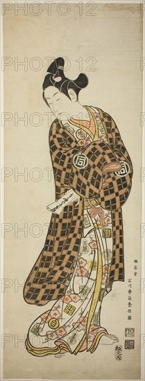 The Actor Sanogawa Ichimatsu I as Hisamatsu, c. 1748, Ishikawa Toyonobu, Japanese, 1711–1785, Japan, Hand-colored woodblock print, habahiro hashira-e, urushi-e, 71.0 x 26.1 cm (28 x 10 1/4 in.)