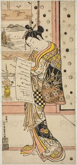 Courtesan Reading a Letter, c. 1745, Ishikawa Toyonobu, Japanese, 1711-1785, Japan, Hand-colored woodblock print, toku-oban, urushi-e, 50.6 x 23.0 cm (19 3/4 x 9 in.)