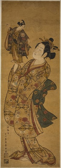 The Actor Onoe Kikugoro I holding a puppet of the Actor Sanogawa Ichimatsu I, c. 1740s, Ishikawa Toyonobu, Japanese, 1711-1785, Japan, Hand-colored woodblock print, vertical oban diptych, sumizuri-e, 66.3 x 23.1 cm (26 1/8 x 9 1/4 in.)