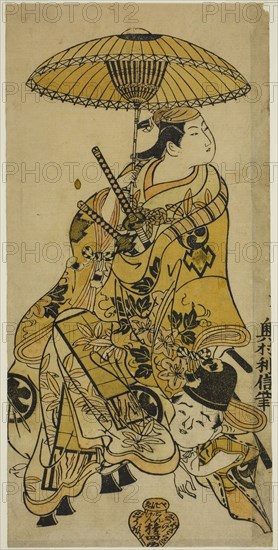 The Actors Nakamura Takesaburo as Shikishi Naishinno and Tsuruya Nanboku as Gengoro in the play Tategami Teika Kazura, performed at the Ichimura Theater in the eleventh month, 1719, 1719, Okumura Toshinobu, Japanese, active c. 1717-50, Japan, Hand-colored woodblock print, hosoban, urushi-e, 11 1/2 x 5 1/2 in.