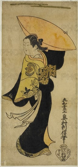 The actor Fujimura Handayu II as Nowake no Mae in the play Tategami Teika Kazura, performed at the Ichimura Theater in the eleventh month, 1719, 1719, Okumura Toshinobu, Japanese, active c. 1717-50, Japan, Hand-colored woodblock print, hosoban, urushi-e, 33.3 x 15.4 cm (13 x 6 in.)