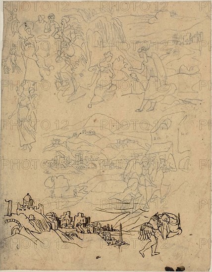 Sketches of Biblical Scenes, Town by Lake, Mountain Village, Warrior, n.d., Rodolphe Bresdin, French, 1825-1885, France, Pen and brown ink and graphite, on tan wove paper laid down on ivory wove paper, 149 × 116 mm