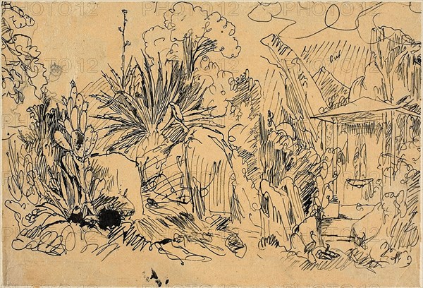 African Village, n.d., Rodolphe Bresdin, French, 1825-1885, France, Pen and black ink over graphite, on tan tracing paper, laid down on buff wove paper, 99 × 147 mm