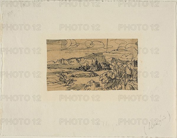Cathedral and Village on a Lake, n.d., Rodolphe Bresdin, French, 1825-1885, France, Pen and black ink, on tan tracing paper, laid down on ivory laid paper, 46 × 81 mm