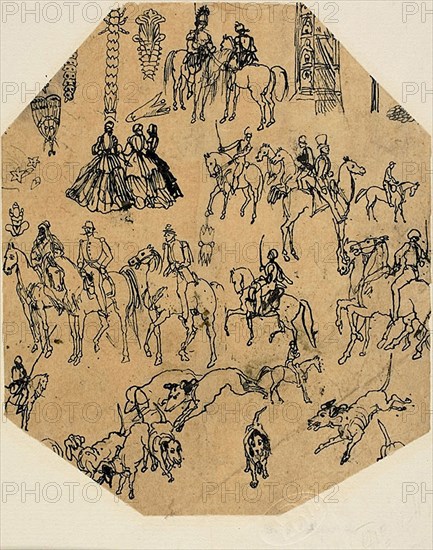 Sheet of Sketches: Hounds, Riders, Ladies. Architectural Elements, Insects, n.d., Rodolphe Bresdin, French, 1825-1885, France, Pen and black ink, on tan tracing paper, laid down on ivory laid paper, 135 × 113 mm