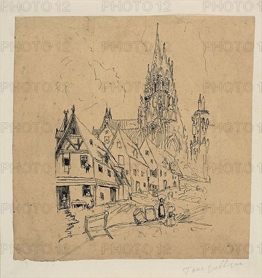 Gothic Cathedral, n.d., Rodolphe Bresdin, French, 1825-1885, France, Pen and black ink, on tan tracing paper, laid down on ivory wove paper, 149 × 146 mm