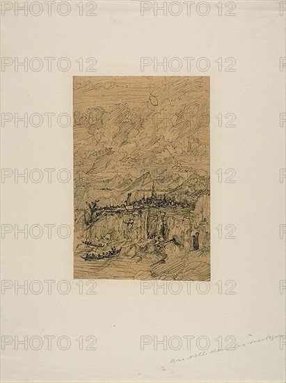 City in the Mountains, n.d., Rodolphe Bresdin, French, 1825-1885, France, Pen and black ink, on tan tracing paper, laid down on ivory laid paper, 167 × 113 mm