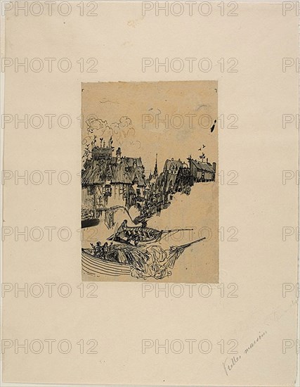 Old Houses and Fishing Boats, n.d., Rodolphe Bresdin, French, 1825-1885, France, Pen and black ink, on tan tracing paper, laid down on buff wove paper, 172 × 116 mm