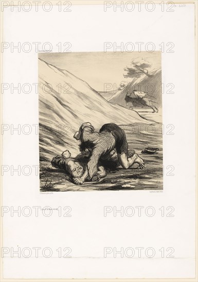 The Ass and Two Thieves, 1862, Honoré Victorin Daumier (French, 1808-1879), printed by Bertauts, France, Lithograph in black, with scraping on stone and with fawn tint stone on ivory wove paper, 229 × 203 mm (image), 450 × 316 mm (sheet)