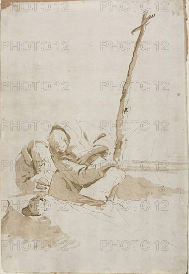 Two Monks Contemplating a Skull, c. 1730–35, Giambattista Tiepolo, Italian, 1696-1770, Italy, Brush and brown ink and brush and brown wash, over traces of black chalk, on ivory laid paper, laid down on tan wove paper, 437 x 296 mm