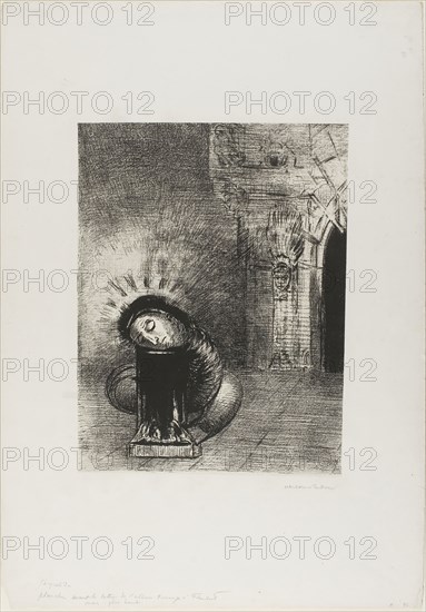 A Long Chrysalis, the Color of Blood, plate 2 of 6, 1889, Odilon Redon, French, 1840-1916, France, Lithograph in black on ivory China paper laid down on ivory wove paper, 260 × 195 mm (image/chine), 447 × 314 mm (sheet)