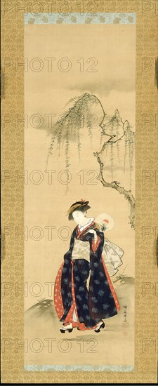 Beauty Beneath a Willow Tree, Edo period, c. 1780, Isoda Koryusai, Japanese, 1735-1790, Japan, Hanging scroll, ink on silk, 100.2 × 32.6 cm (39 7/16 × 12 7/8 in.), overall with mount and knobs: 184 × 52.4 cm (72 7/16 × 20 5/8 in.)