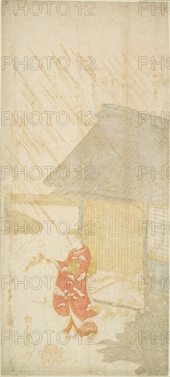 Young Woman Holding a Kerria Branch (parody of Ota Dokan), c. 1764/65, Suzuki Harunobu ?? ??, Japanese, 1725 (?)-1770, Japan, Color woodblock print, hosoban, mizu-e, 31.0 x 13.9 cm (12 1/8 x 5 3/8 in.)