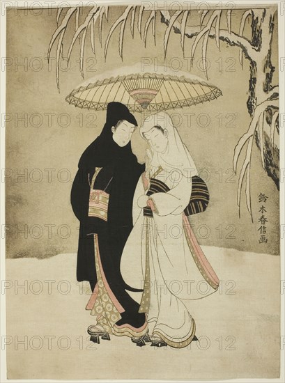 Lovers Beneath an Umbrella in the Snow, c. 1767, Suzuki Harunobu ?? ??, Japanese, 1725 (?)-1770, Japan, Color woodblock print, chuban, 27.2 x 20.2 cm