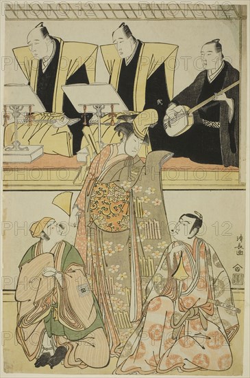 The Actors Nakayama Kojuro VI (Nakamura Nakazo I) as Chidori, Sawamura Sojuro III as Shigemori, and Ichikawa Yaozo III as Yoshibei, in the shosa Fukyoku Edo Geisha, performed at the Nakamura Theater in the eleventh month, 1785, 1785, Torii Kiyonaga, Japanese, 1752-1815, Japan, Color woodblock print, oban, 38.4 x 24.9 cm