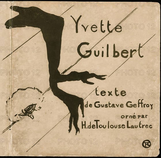 Cover for Yvette Guilbert, 1894, Henri de Toulouse-Lautrec, French, 1864-1901, France, Lithograph on gray-brown wove paper laid down on board, 384 × 405 mm (image), 408 × 394 mm (sheet, folded), 408 × 787 mm (sheet, unfolded)