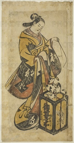 Beauty Playing with Cat and Kitten, early 18th century, Japanese, early 18th century, Japan, Hand-colored woodblock print, hosoban, tan-e, 31.1 x 15.9 cm (12 1/4 x 6 1/4 in.)