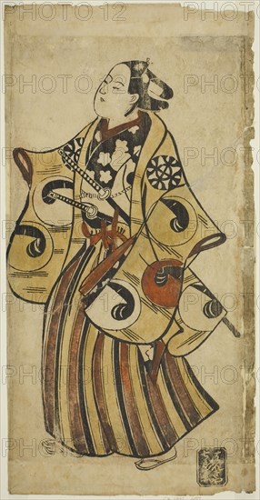 The Actor Nakamura Denkuro I, c. 1710, Attributed to Torii Kiyonobu I, Japanese, 1664-1729, Japan, Hand-colored woodblock print, hosoban, tan-e, 31.6 x 16 cm (12 7/16 x 6 5/16 in.)