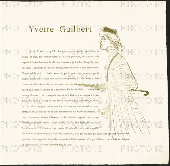 Yvette Guilbert, 1894, Henri de Toulouse-Lautrec, French, 1864-1901, France, Lithograph with letterpress, on ivory laid paper, 269 × 180 mm (image), 384 × 388 mm (sheet, folded, appro×.)