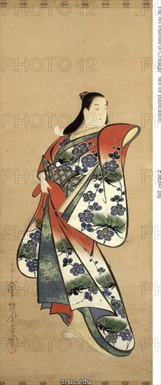 A Beauty, Early 18th century, Kaigetsudo Doshin, Japanese, active c. 1700-1716, Japan, Hanging scroll, ink, colors, and gold on paper, 110.6 × 46.8 cm (43 9/16 × 18 7/16 in.)