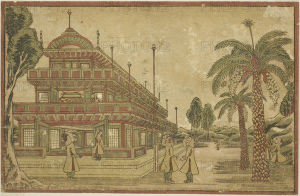Newly Published Dutch Perspective View: The Tomb of King Mausolus in Asia, c. 1824/25, Utagawa Kuninaga, Japanese, 1788-1829, Japan, Color woodblock print, 22.4 x 34.8 cm