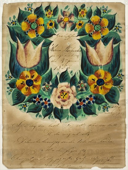 Letter of Congratulations to Karna Martensdottir, n.d., Unknown Artist, American, 19th century, United States, Watercolor, over graphite, heightened with gum arabic, on cream wove paper, 219 x 163 mm