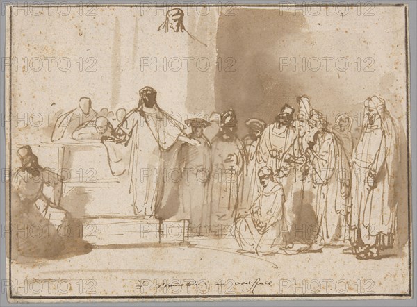Christ and the Woman Taken in Adultery, 1650/74, Gerbrand van den Eeckhout, Dutch 1621-1674, Netherlands, Pen and brown ink, with brush and brown wash, on cream laid paper, 145 x 197 mm